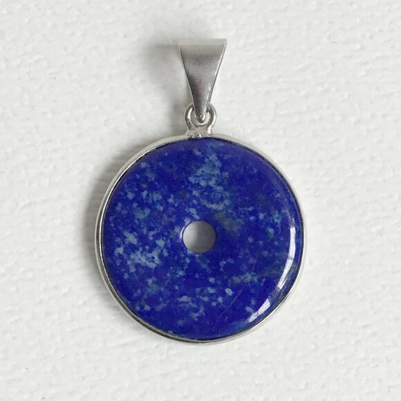 Blue Stone Donut Round Bezel Set Silver Tone Pendant - Picture 1 of 2